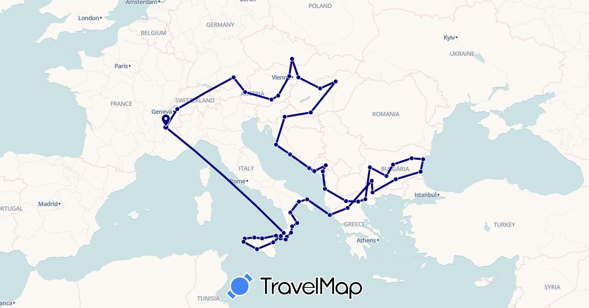 TravelMap itinerary: driving in Albania, Austria, Bulgaria, Czech Republic, Germany, France, Greece, Croatia, Hungary, Italy, Montenegro, Slovakia (Europe)